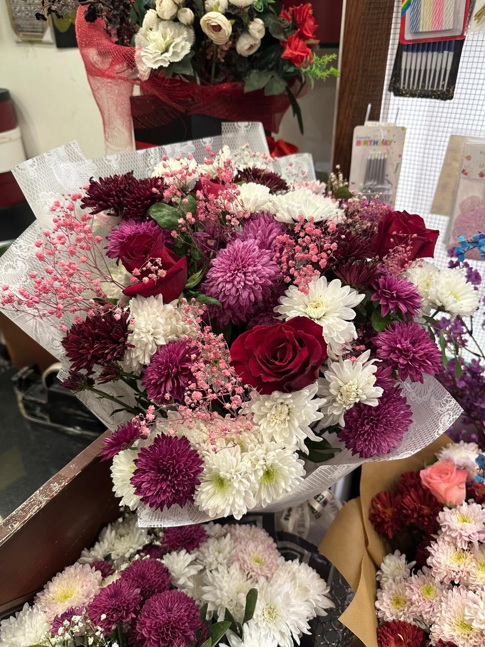 Burgundy, White & Red Flower Box Bouquet